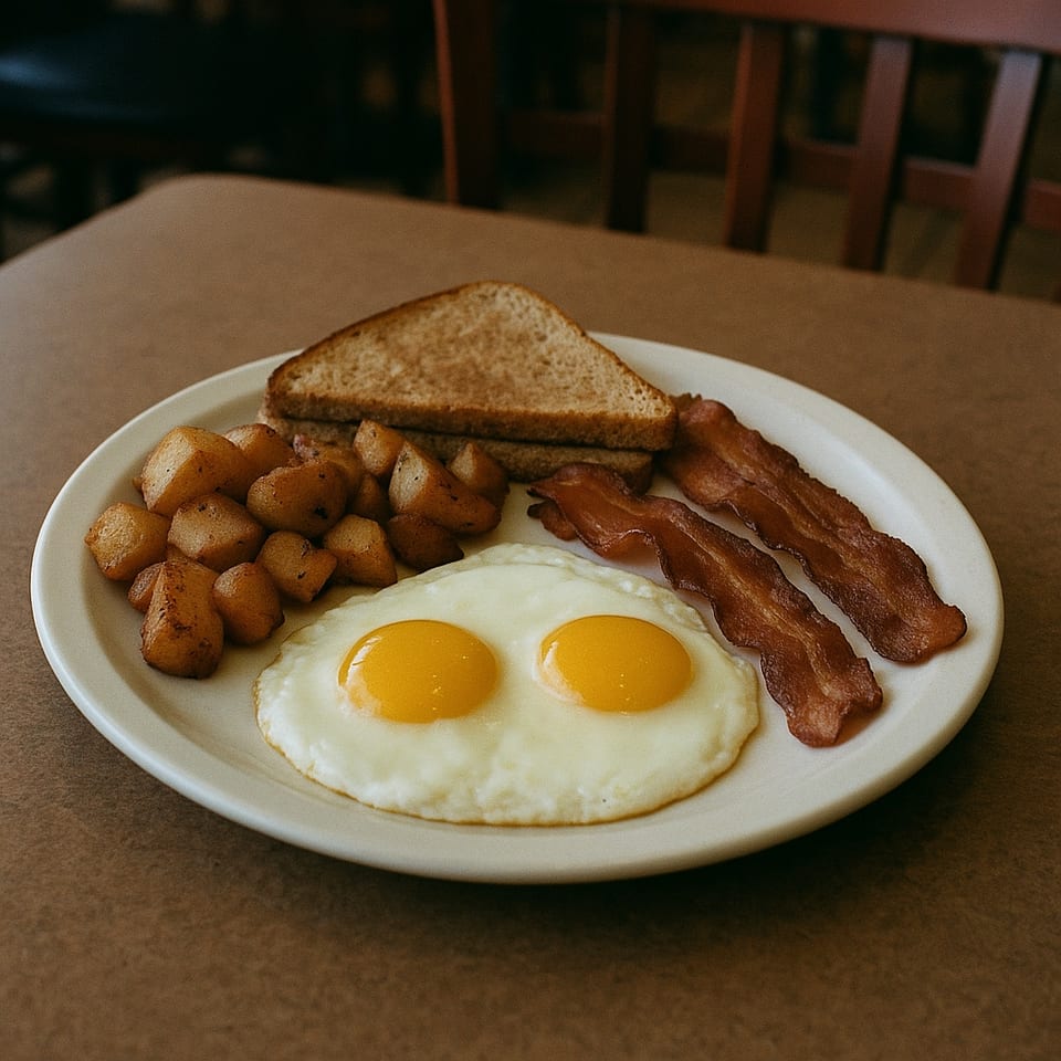 A diner breakfast plate with two fried eggs, bacon, home fries, and toast on a brown table.