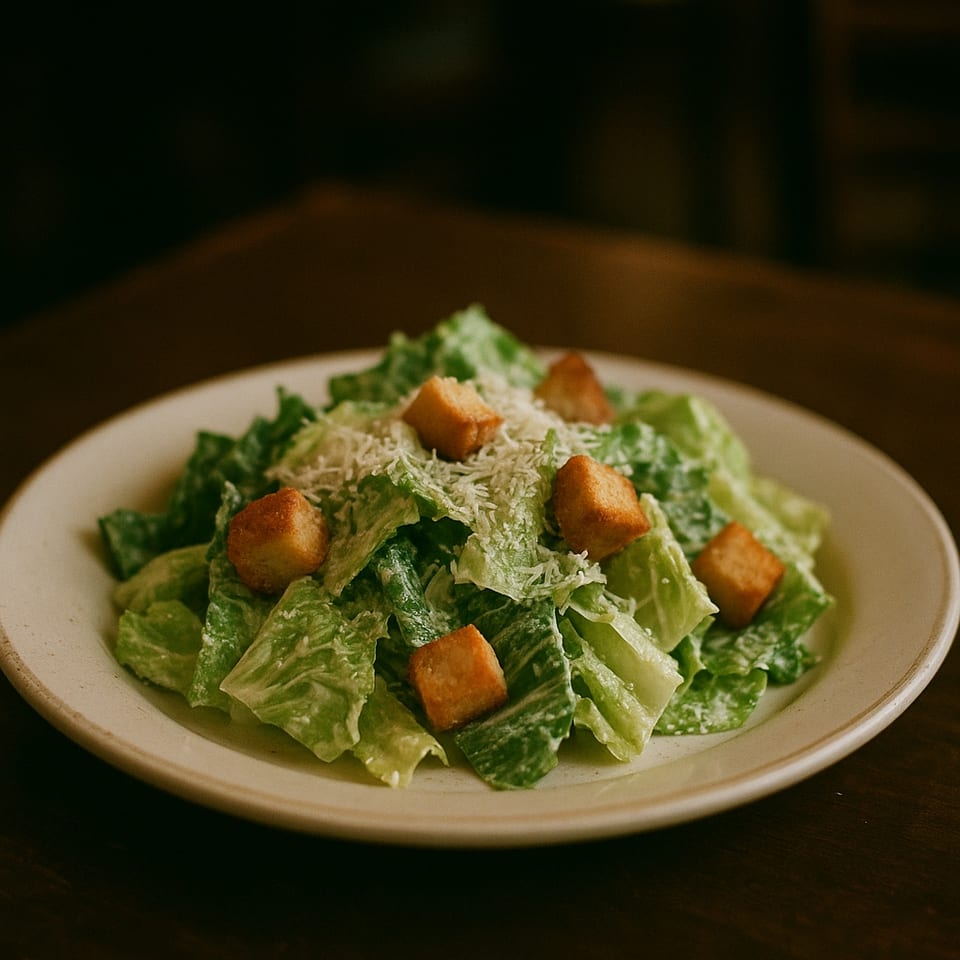 A fresh Caesar salad with crisp romaine, croutons, and grated cheese on a white plate.