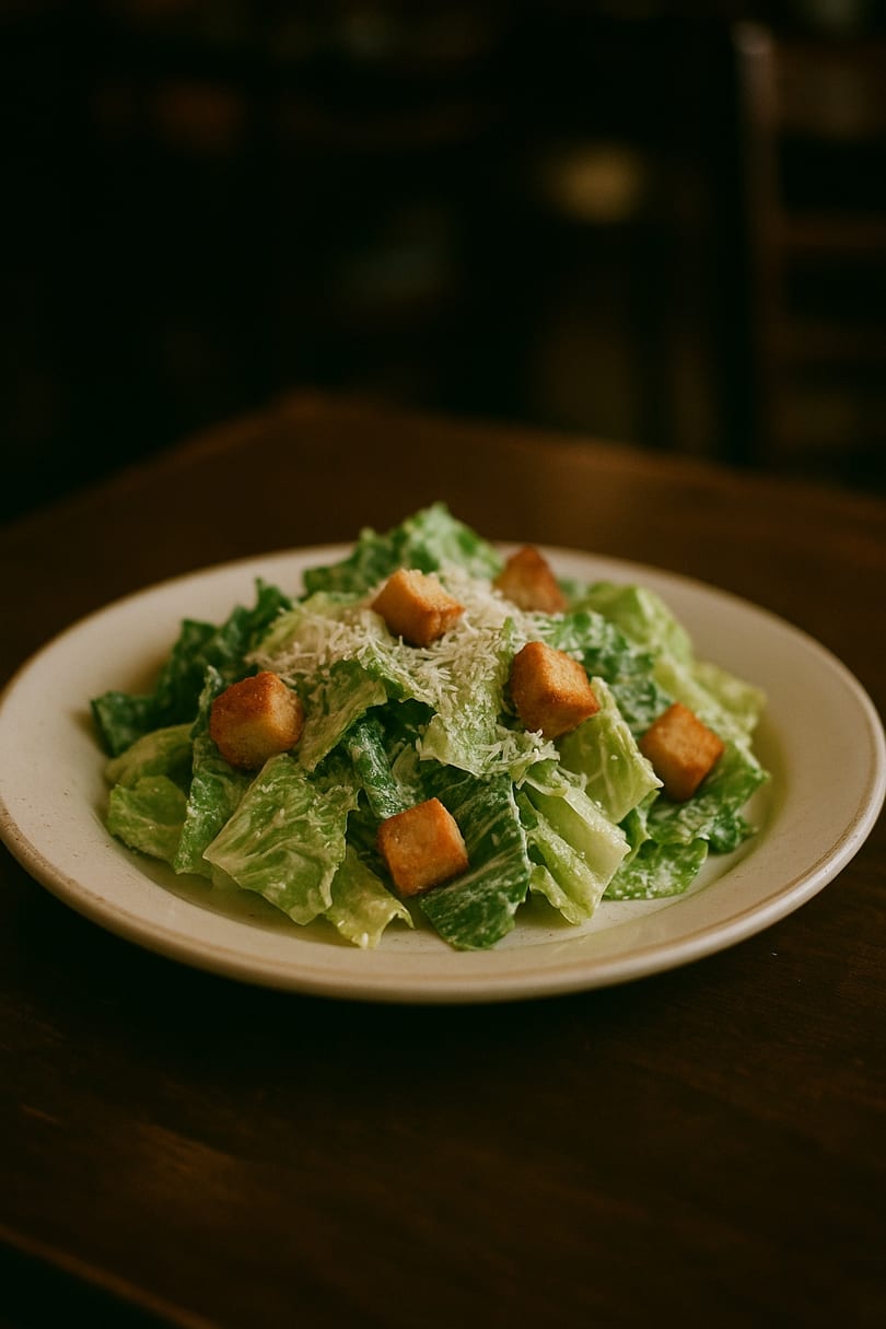 A fresh Caesar salad with crisp romaine, croutons, and grated cheese on a white plate.