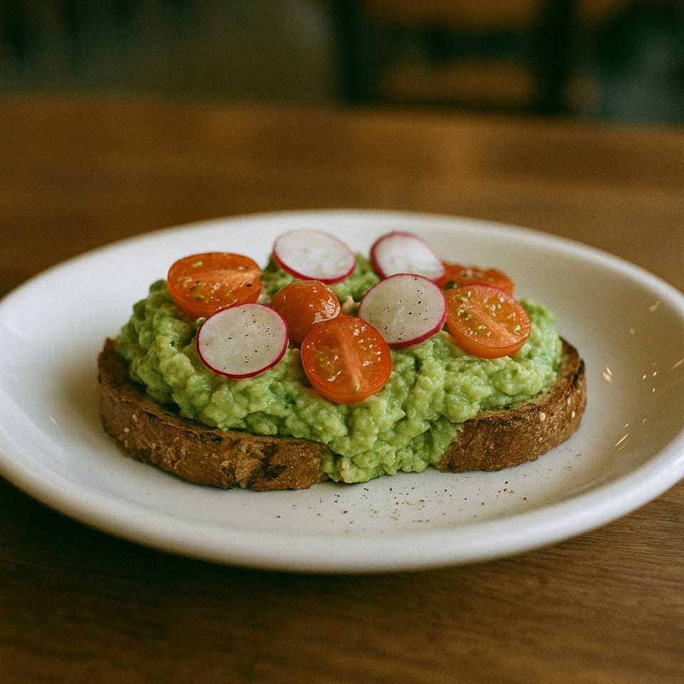 Avocado toast topped with sliced cherry tomatoes and radishes on a white plate at Reathers Lane Cafe.