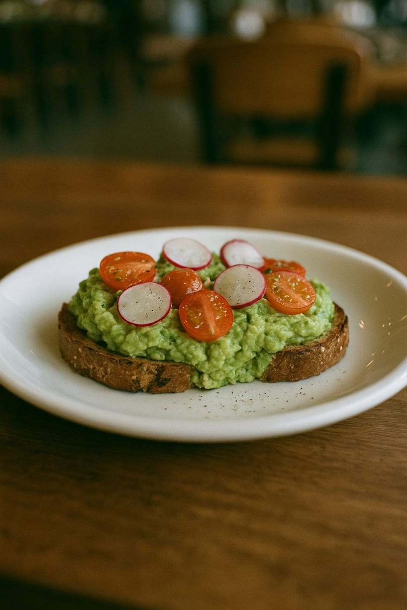 Avocado toast topped with sliced cherry tomatoes and radishes on a white plate at Reathers Lane Cafe.