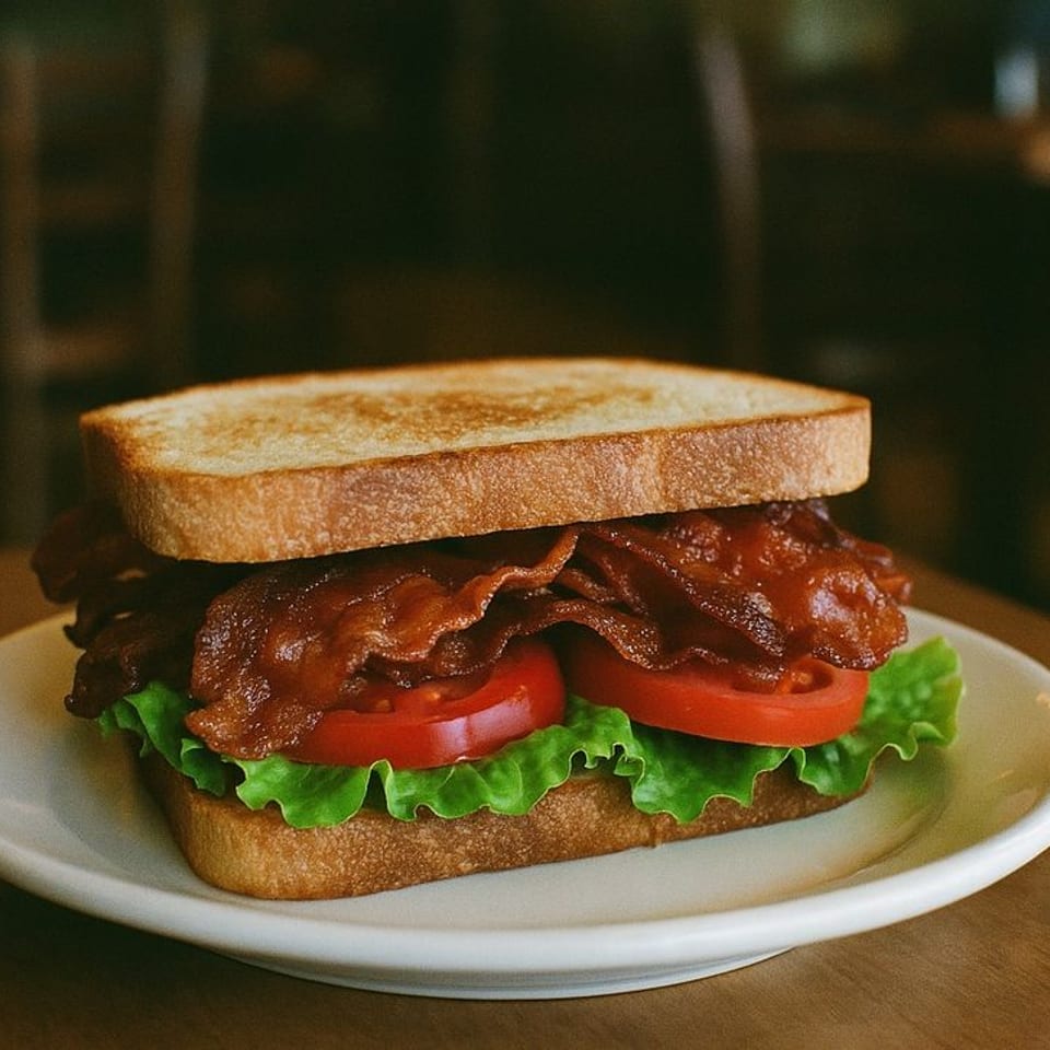 A classic BLT sandwich with crispy bacon, fresh lettuce, and ripe tomatoes on toasted bread.