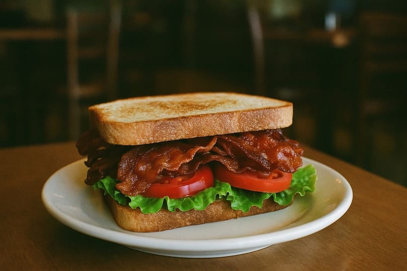 A classic BLT sandwich with crispy bacon, fresh lettuce, and ripe tomatoes on toasted bread.