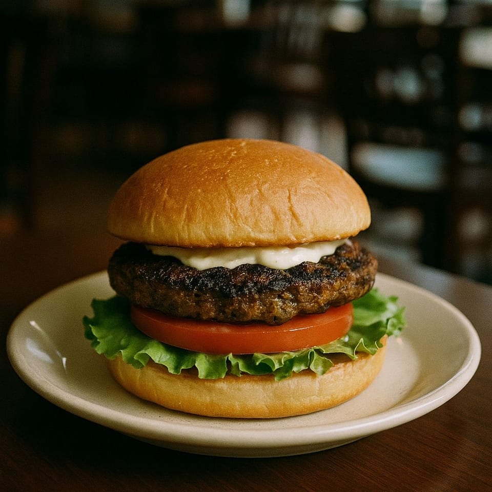 A diner-style burger with lettuce, tomato, and white sauce on a bun, served on a plate.