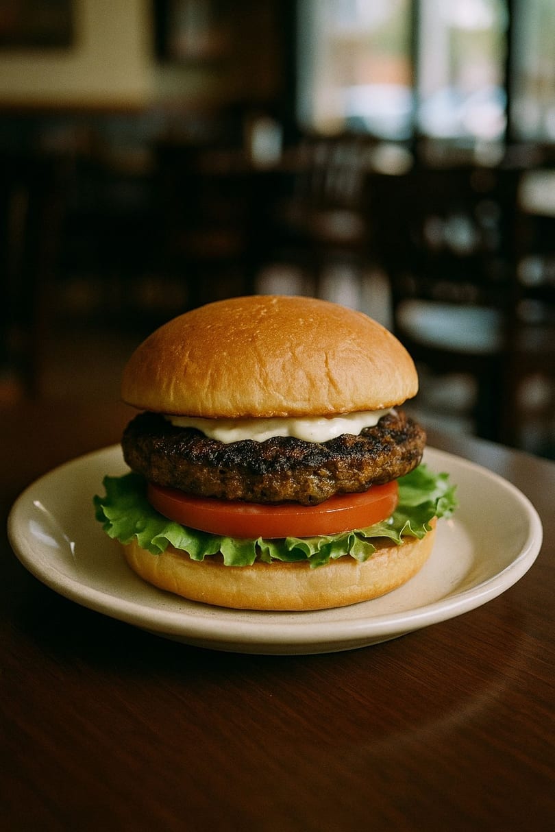 A diner-style burger with lettuce, tomato, and white sauce on a bun, served on a plate.